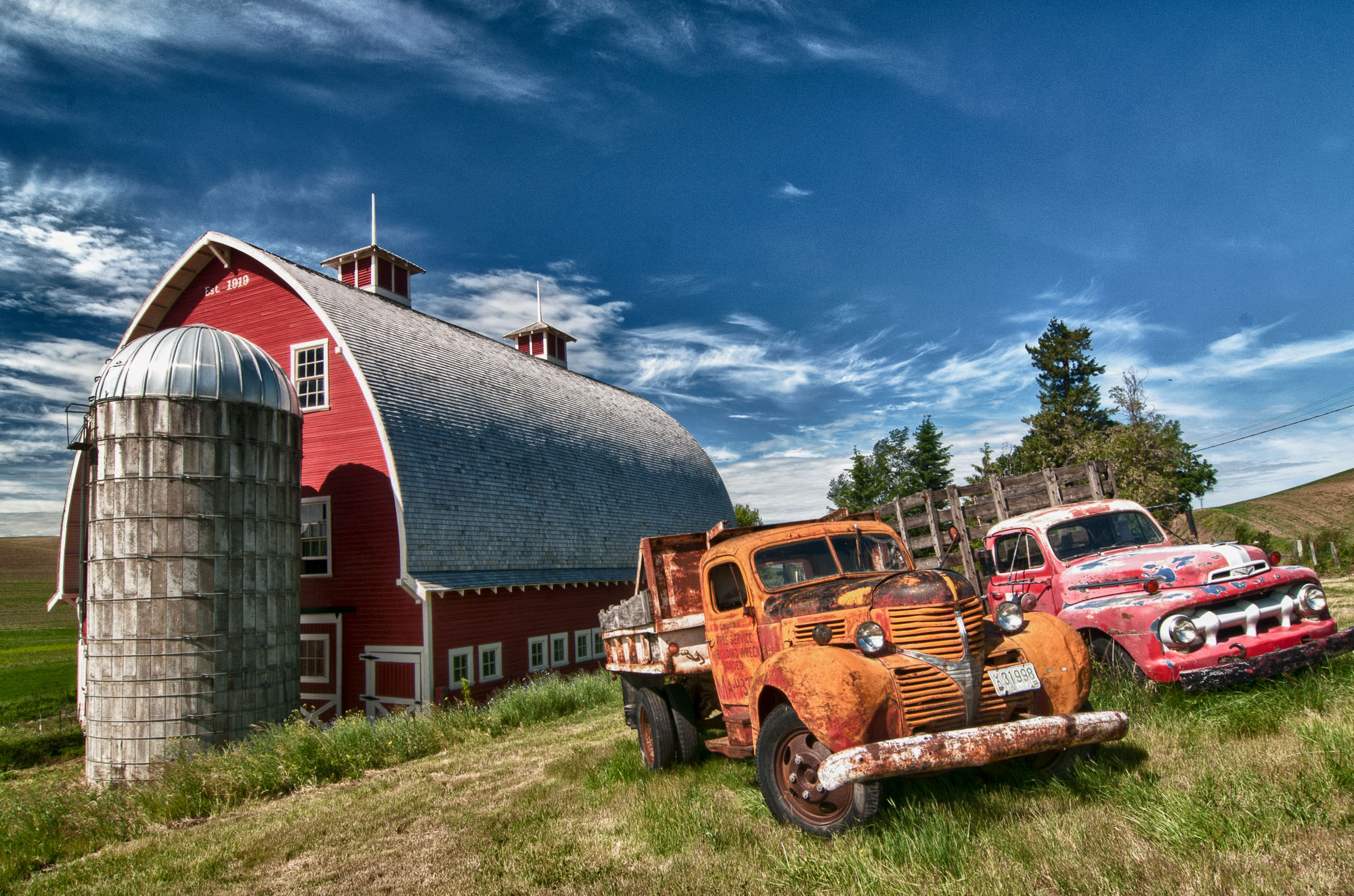 Barbee_120619_3_5865_HDR  | Syntax Error: unexpected symbol near 'then' Old trucks near red barn outside of Colfax, WA - HDR image